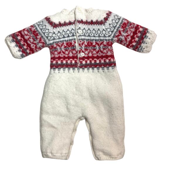 Gap Baby Newborn White Red Fair Isle Wool Button Cozy Winter One Piece Outfit - Picture 2 of 9